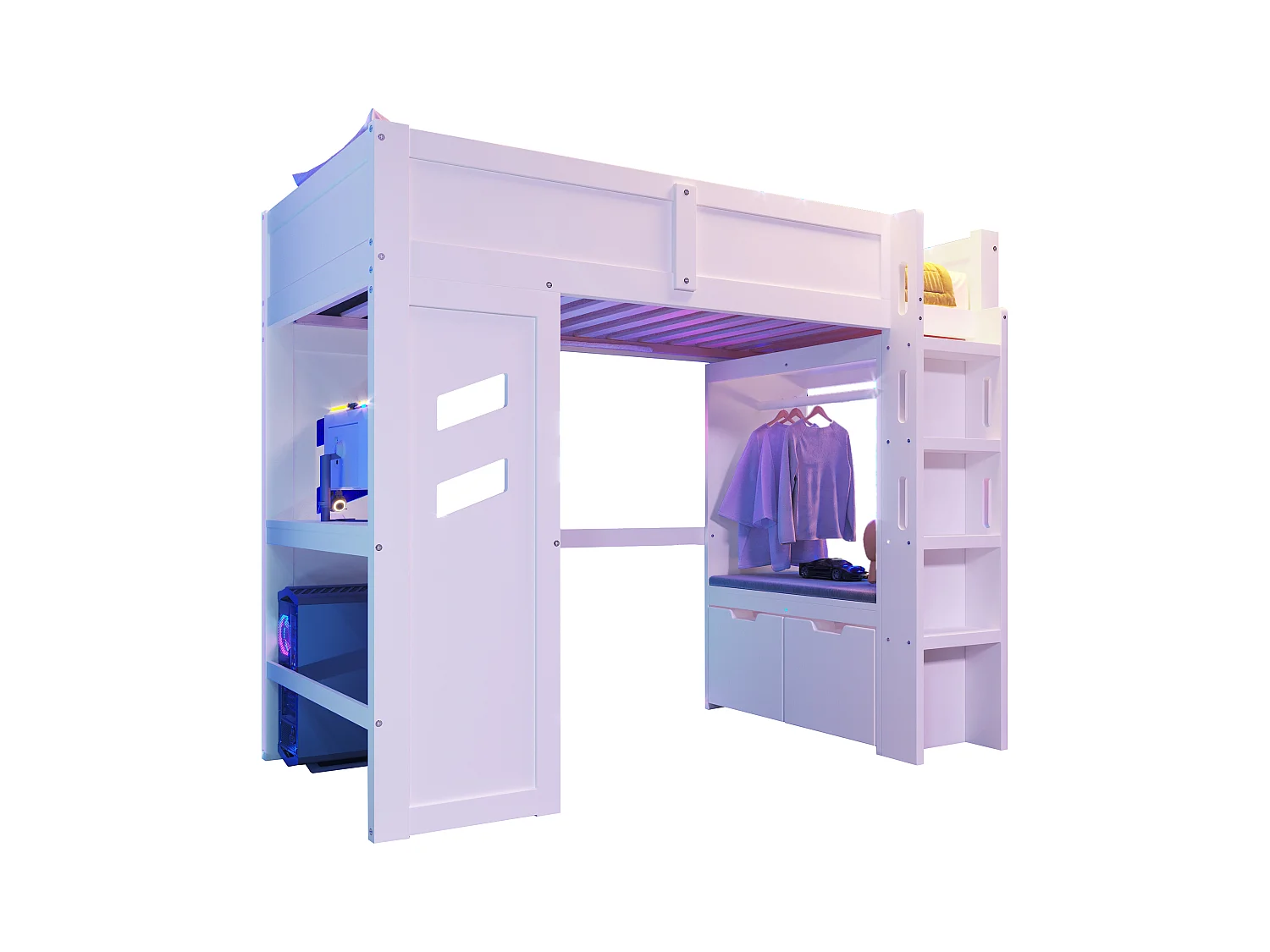 Lit mezzanine pour enfant - 90 x 200 cm - avec bureau + Leds + port USB + 2 tiroirs - bois - blanc