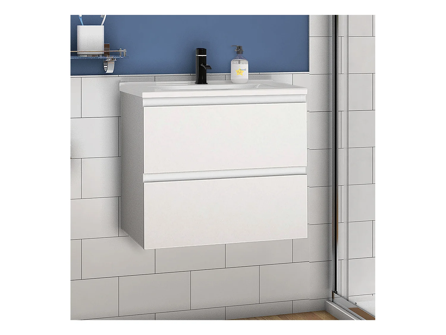 Mueble de baño flotante con lavabo, 60 x 38.5 x 52 cm, Blanco Mate,Con 2 Cajones, Muebles de Alta Calidad, AICA