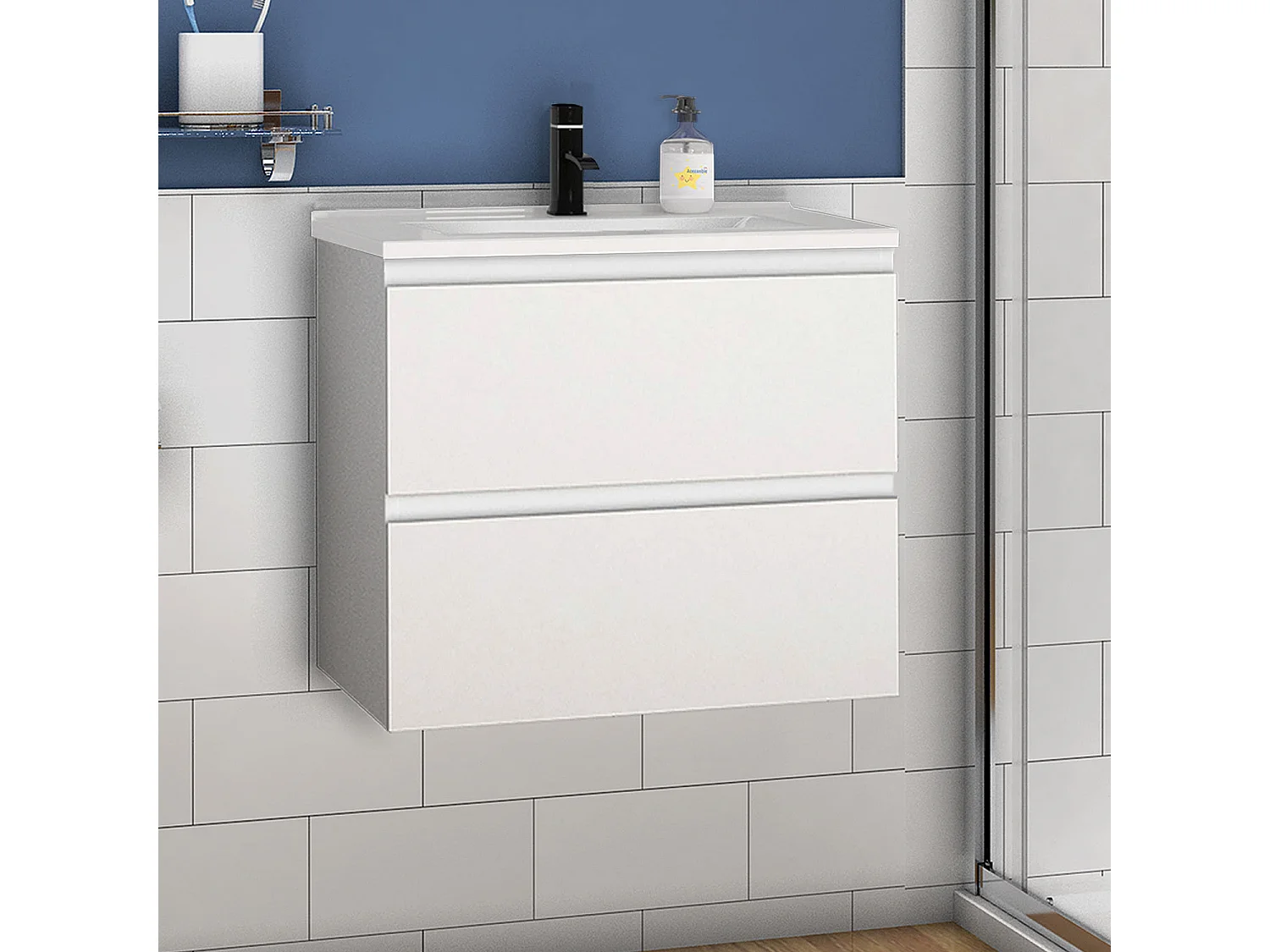 Mueble de baño flotante con lavabo, 60 x 38.5 x 52 cm, Blanco Mate,Con 2 Cajones, Muebles de Alta Calidad, AICA