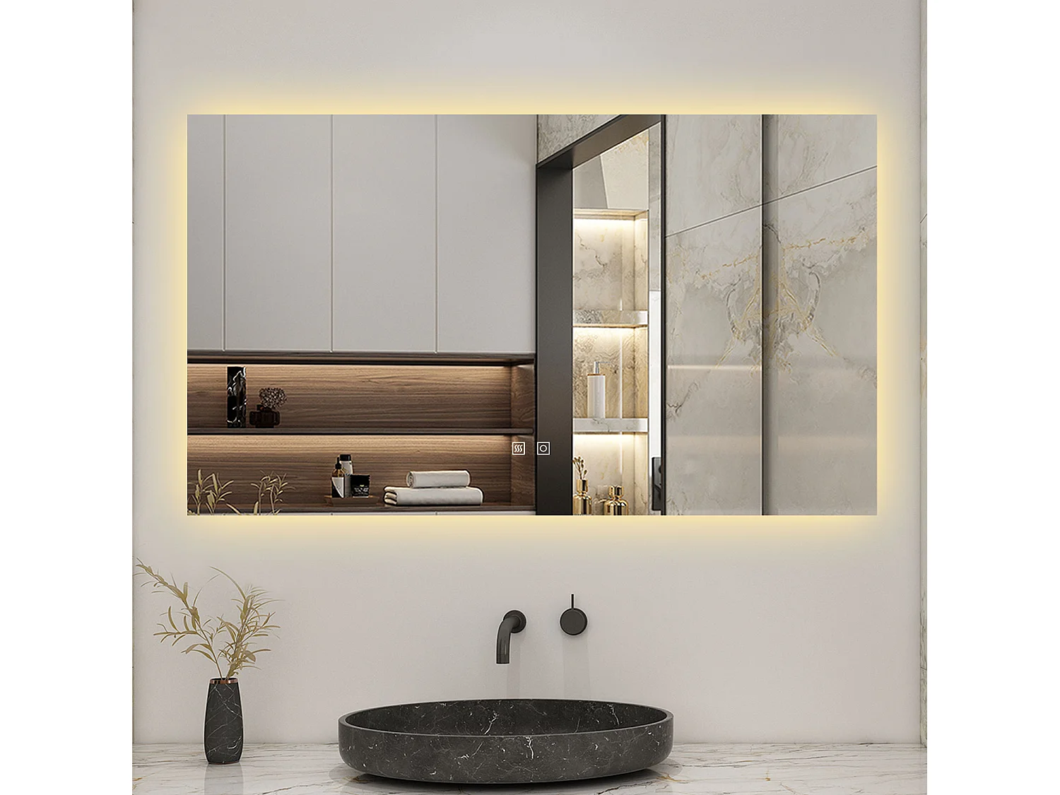 Espejo de baño con LED, 90 x 70 cm,con iluminación LED de tres colores, rectangular, función antivaho, memoria de apagado y brillo ajustable.
