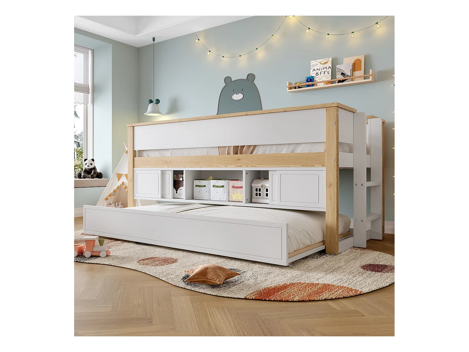 Lit mi-hauteur avec lit gigogne enfant - 90 x 200 cm + 90 x 190 cm - avec rangements - bois - blanc + naturel