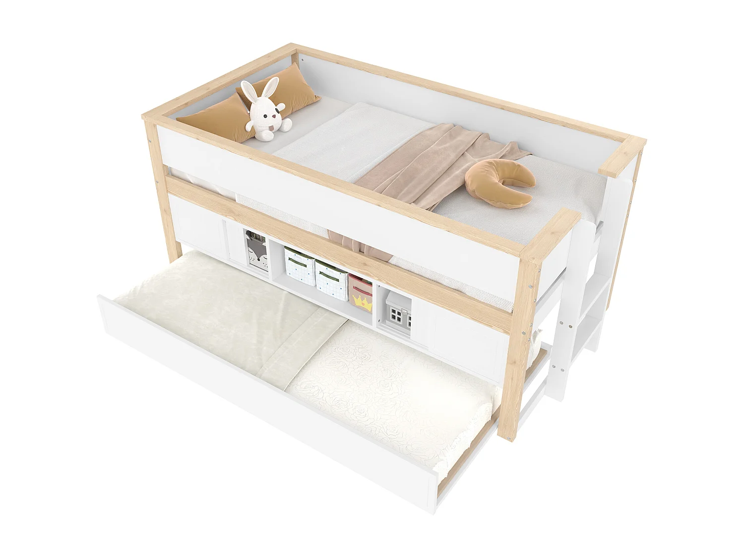 Lit mi-hauteur avec lit gigogne enfant - 90 x 200 cm + 90 x 190 cm - avec rangements - bois - blanc + naturel