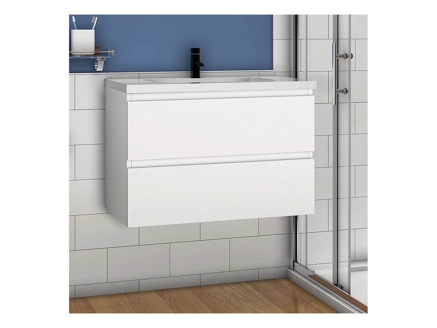 Mueble de baño flotante con lavabo, 79 x 44.5 x 52 cm, Blanco Mate,Con 2 Cajones, Muebles de Alta Calidad, AICA
