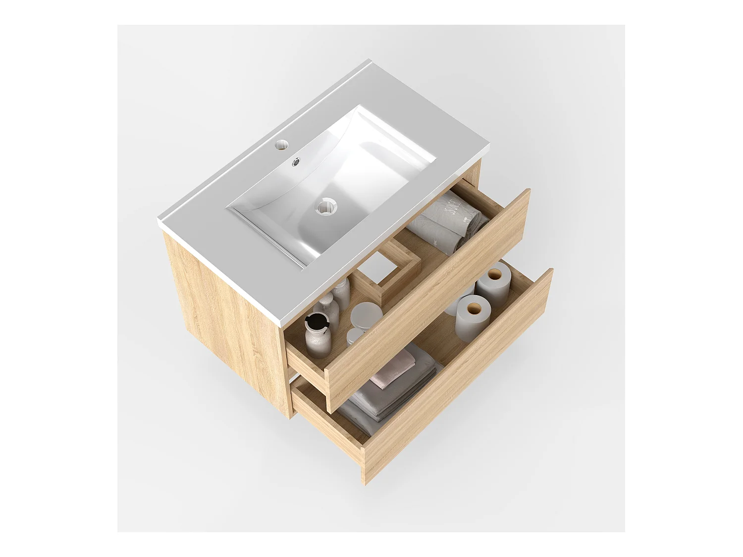 Mueble de baño flotante con lavabo, 79 x 44.5 x 52 cm,Color Roble,Con 2 Cajones, Muebles de Alta Calidad, AICA