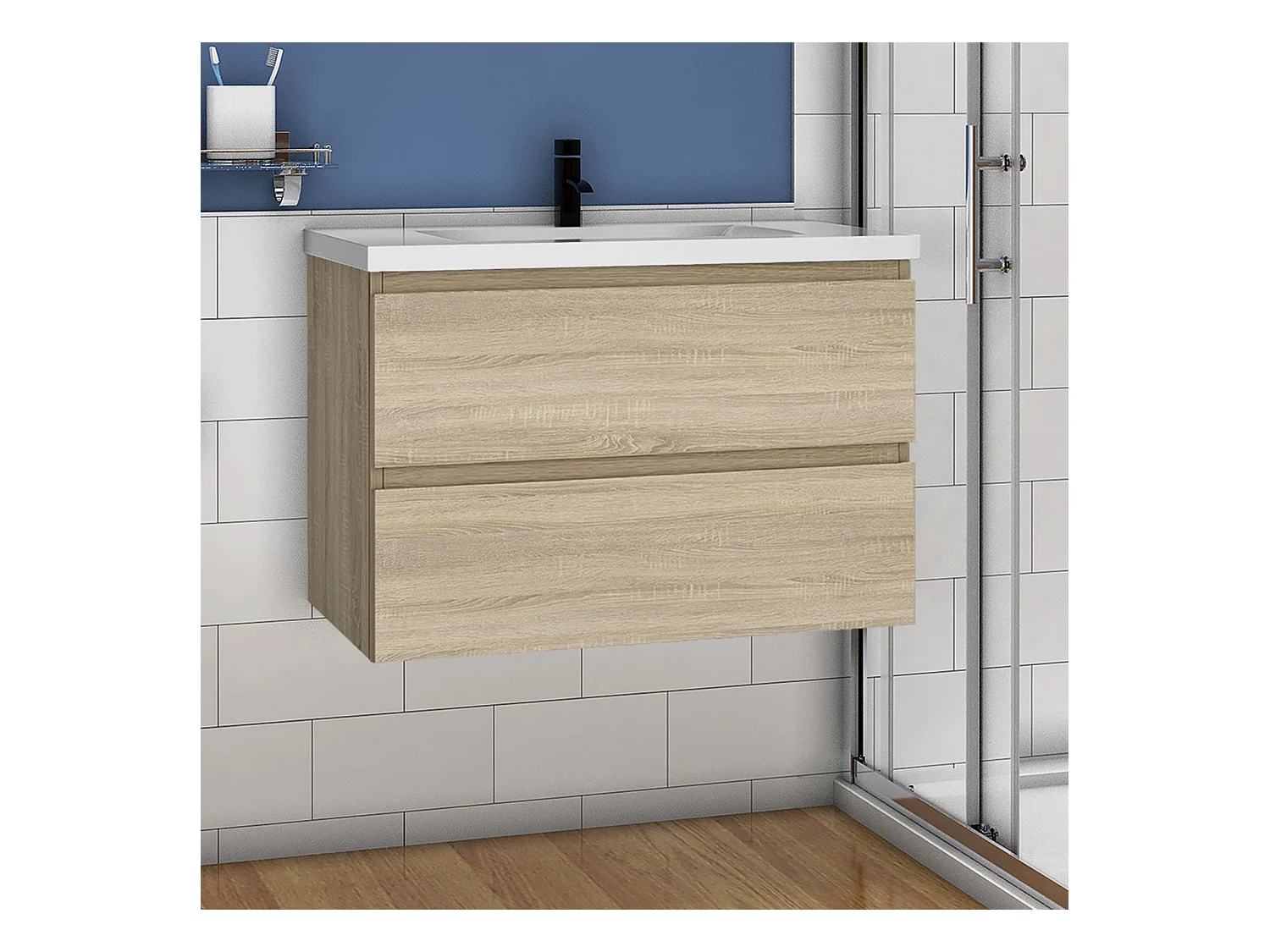 Mueble de baño flotante con lavabo, 79 x 44.5 x 52 cm,Color Roble,Con 2 Cajones, Muebles de Alta Calidad, AICA