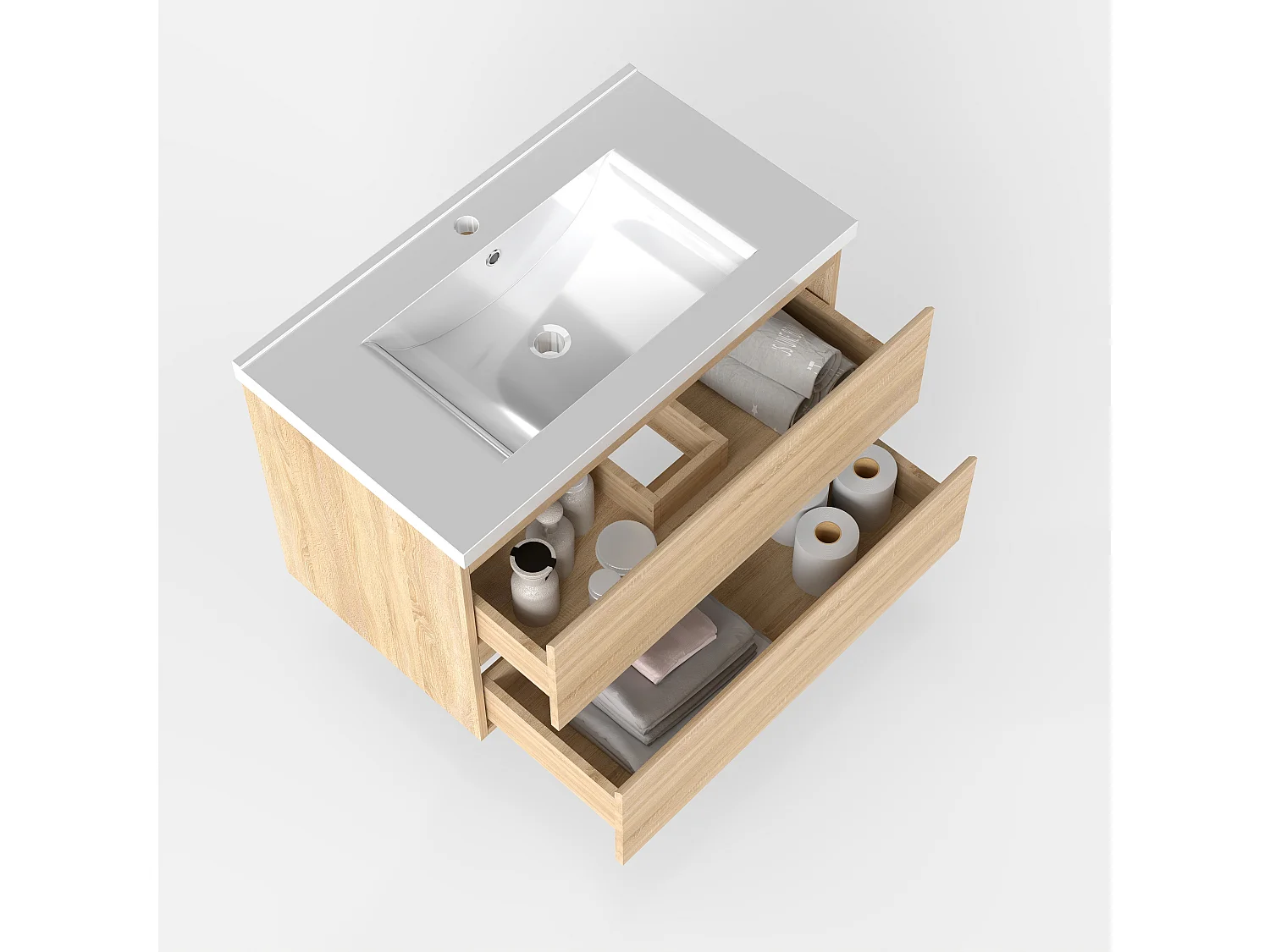 Mueble de baño flotante con lavabo, 79 x 44.5 x 52 cm,Color Roble,Con 2 Cajones, Muebles de Alta Calidad, AICA