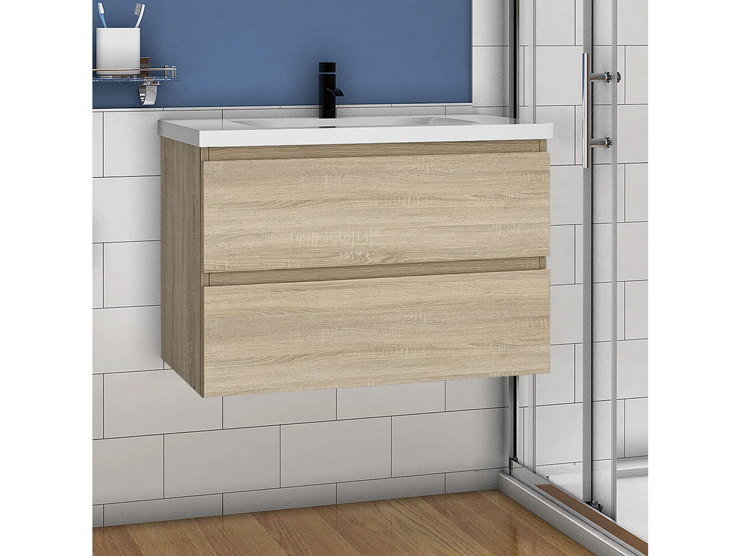 Mueble de baño flotante con lavabo, 79 x 44.5 x 52 cm,Color Roble,Con 2 Cajones, Muebles de Alta Calidad, AICA