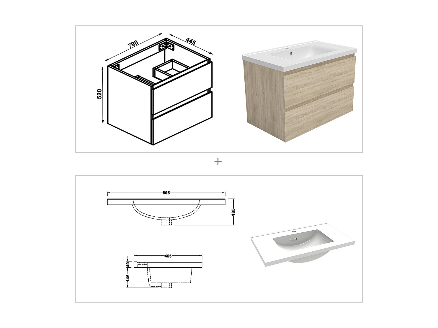 Mueble de baño flotante con lavabo, 79 x 44.5 x 52 cm,Color Roble,Con 2 Cajones, Muebles de Alta Calidad, AICA