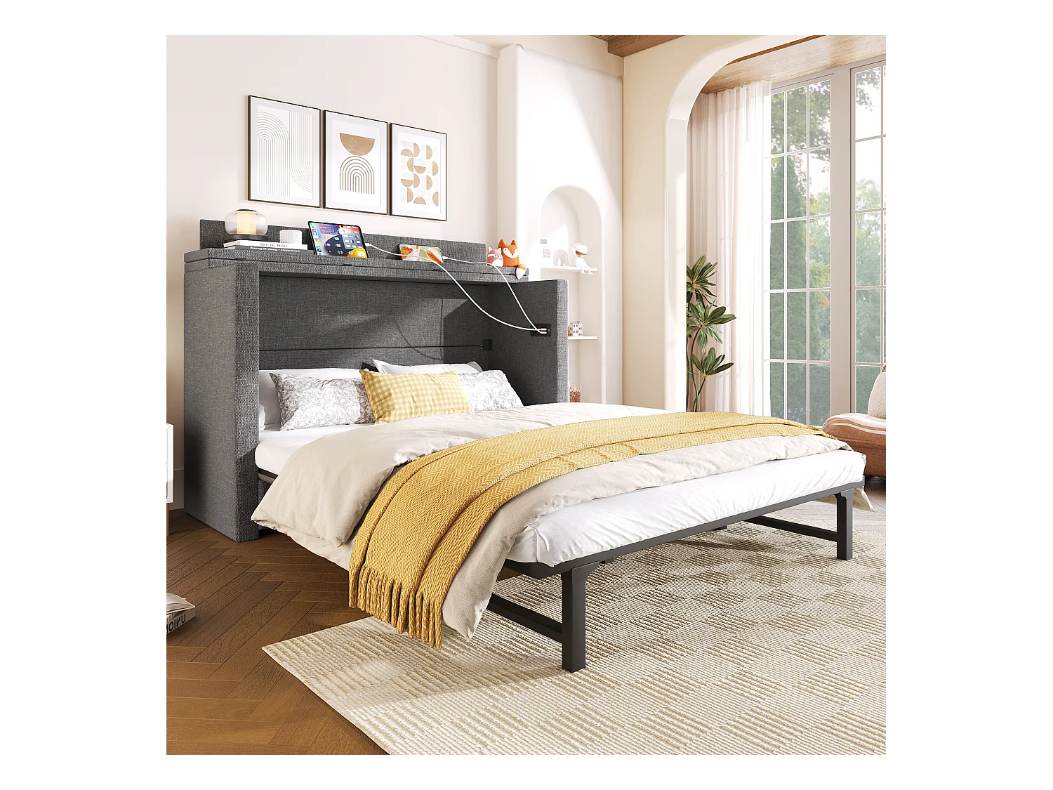 Lit escamotable mobile avec rangement - 140 x 200 cm - avec 1 tiroir + avec USB - plateforme convertible - lin - gris