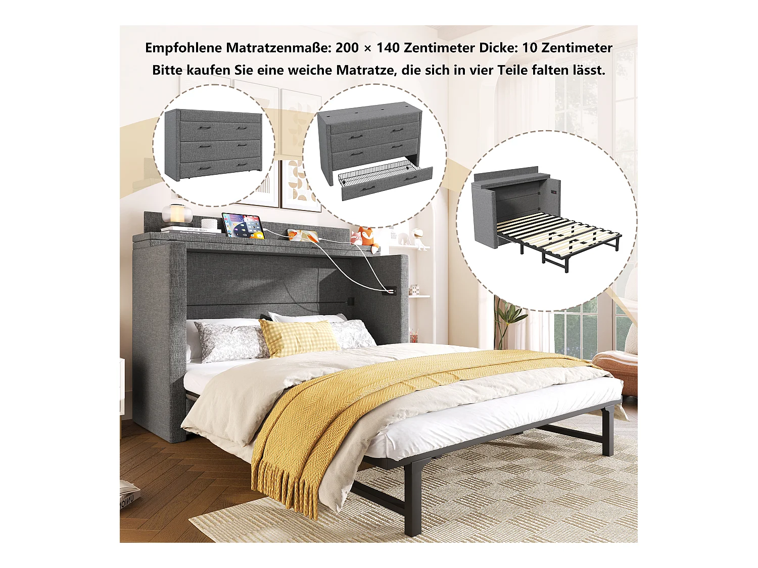 Lit escamotable mobile avec rangement - 140 x 200 cm - avec 1 tiroir + avec USB - plateforme convertible - lin - gris