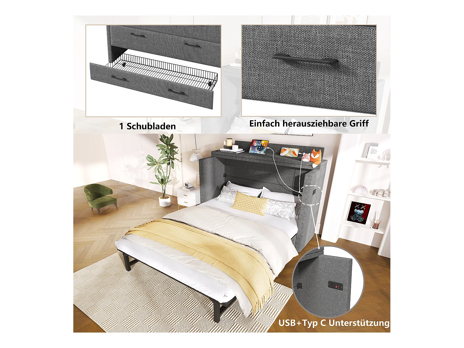 Lit escamotable mobile avec rangement - 140 x 200 cm - avec 1 tiroir + avec USB - plateforme convertible - lin - gris