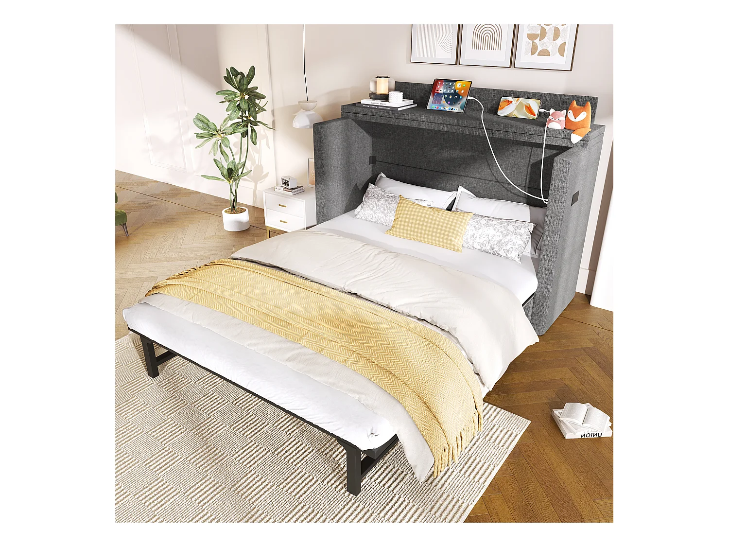 Lit escamotable mobile avec rangement - 140 x 200 cm - avec 1 tiroir + avec USB - plateforme convertible - lin - gris
