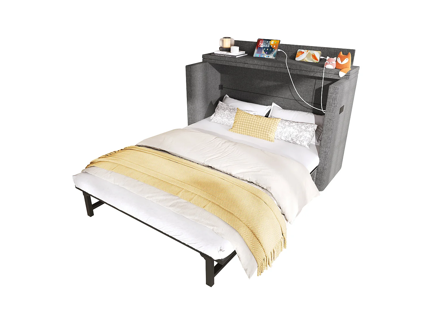 Lit escamotable mobile avec rangement - 140 x 200 cm - avec 1 tiroir + avec USB - plateforme convertible - lin - gris