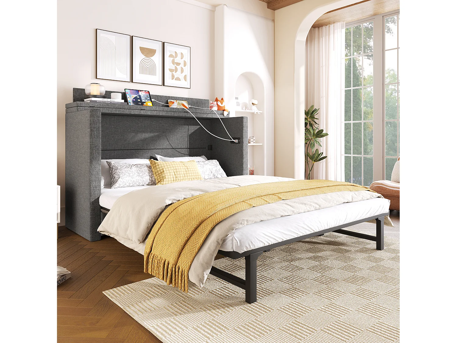 Lit escamotable mobile avec rangement - 140 x 200 cm - avec 1 tiroir + avec USB - plateforme convertible - lin - gris