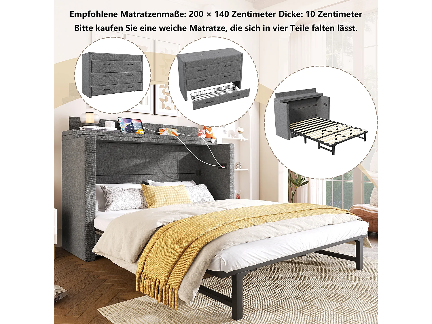 Lit escamotable mobile avec rangement - 140 x 200 cm - avec 1 tiroir + avec USB - plateforme convertible - lin - gris