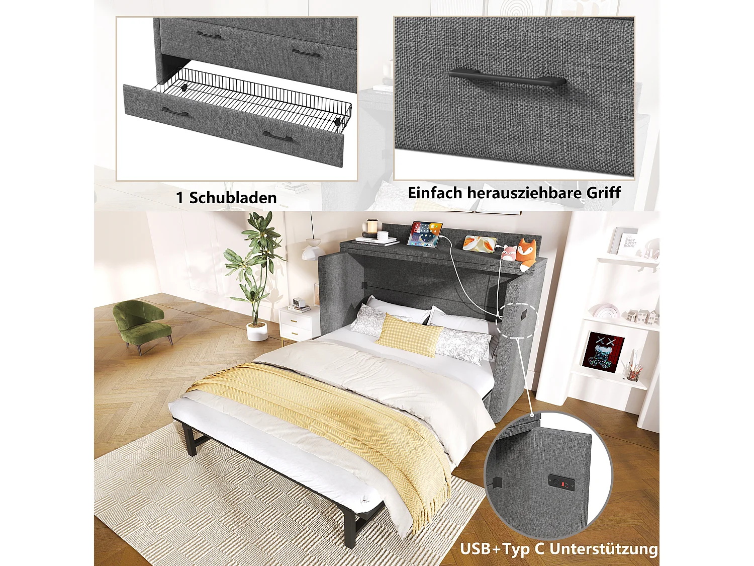 Lit escamotable mobile avec rangement - 140 x 200 cm - avec 1 tiroir + avec USB - plateforme convertible - lin - gris