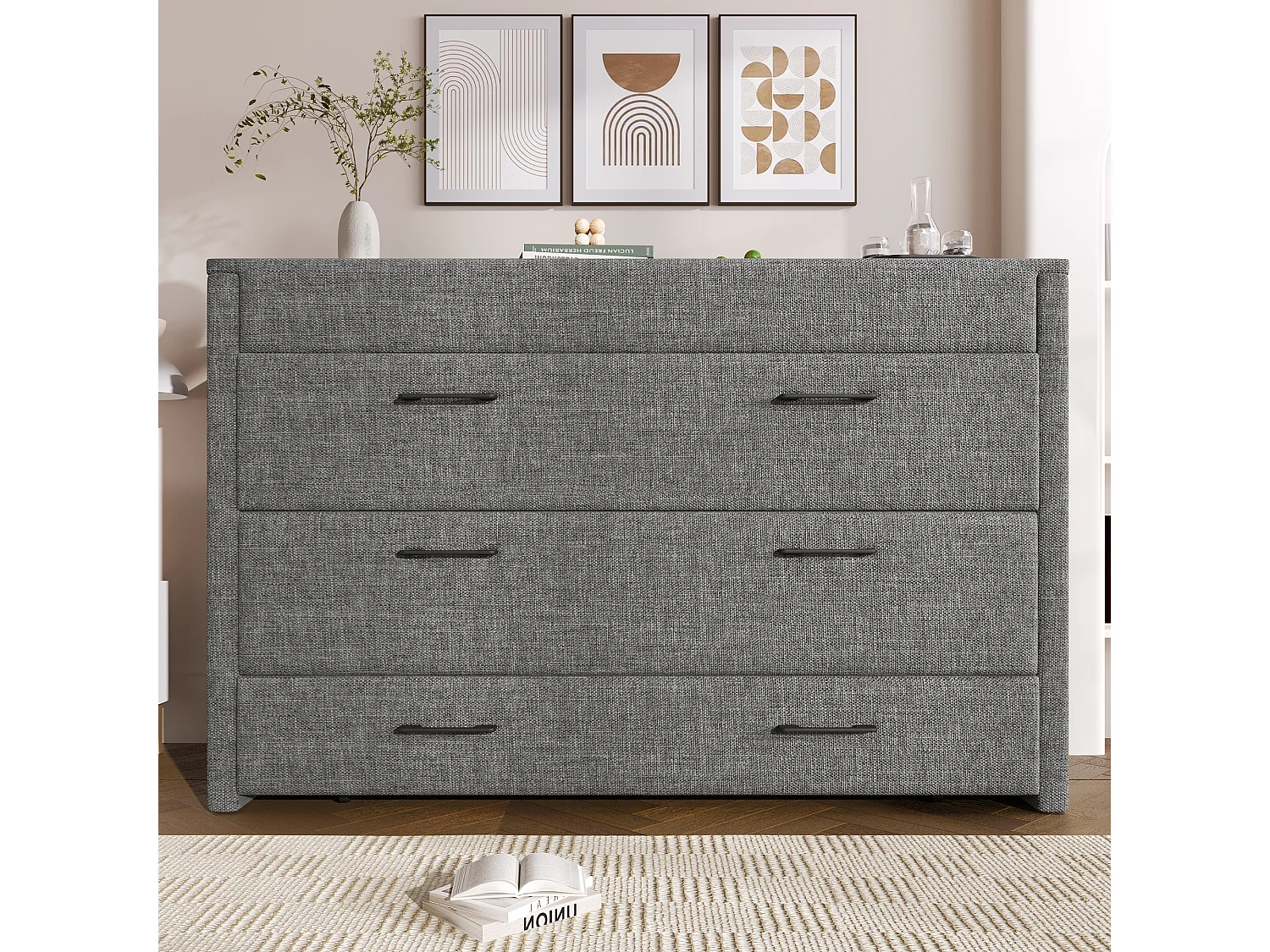 Lit escamotable mobile avec rangement - 140 x 200 cm - avec 1 tiroir + avec USB - plateforme convertible - lin - gris