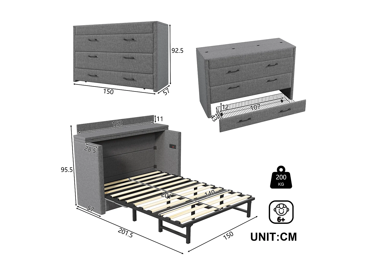 Lit escamotable mobile avec rangement - 140 x 200 cm - avec 1 tiroir + avec USB - plateforme convertible - lin - gris