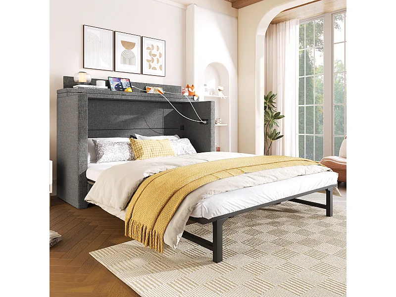 Lit escamotable mobile avec rangement - 140 x 200 cm - avec 1 tiroir + avec USB - plateforme convertible - lin - gris