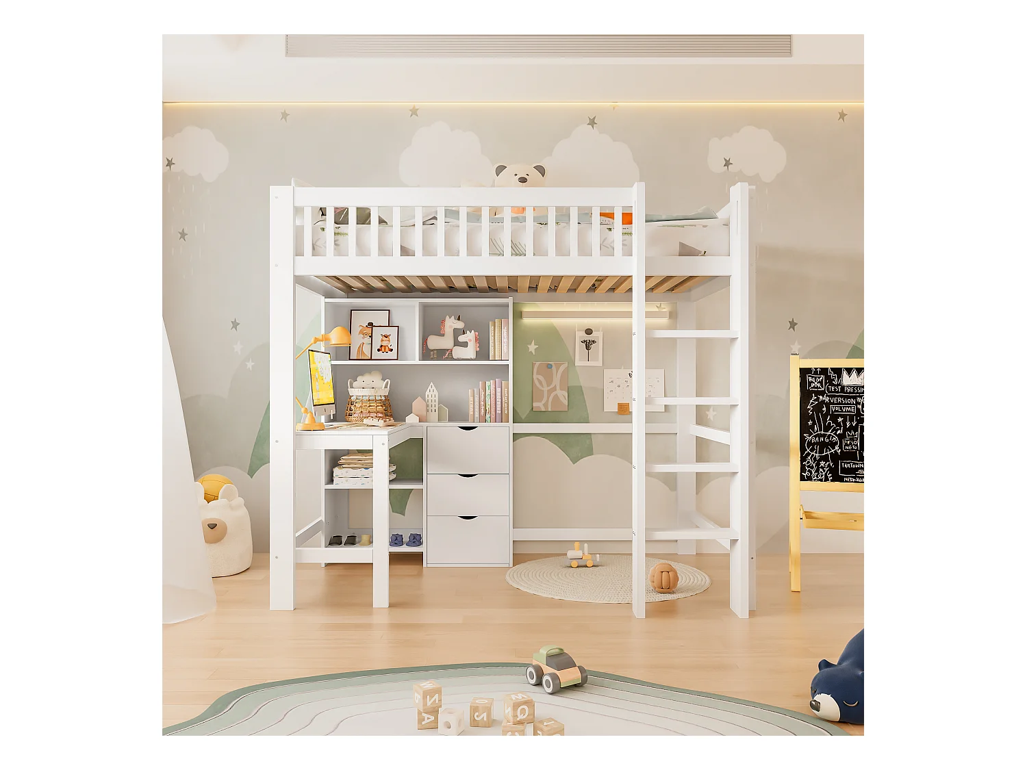 Lit mezzanine pour enfant - 90 x 200 cm - avec étagère de rangements + bureau + 3 tiroirs - bois - blanc