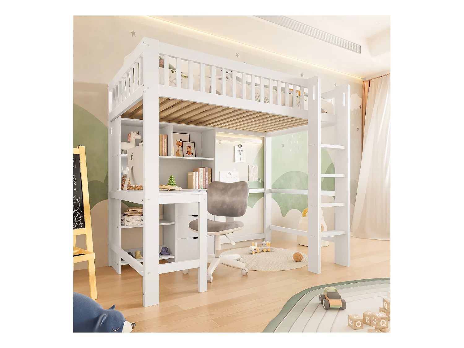 Lit mezzanine pour enfant - 90 x 200 cm - avec étagère de rangements + bureau + 3 tiroirs - bois - blanc