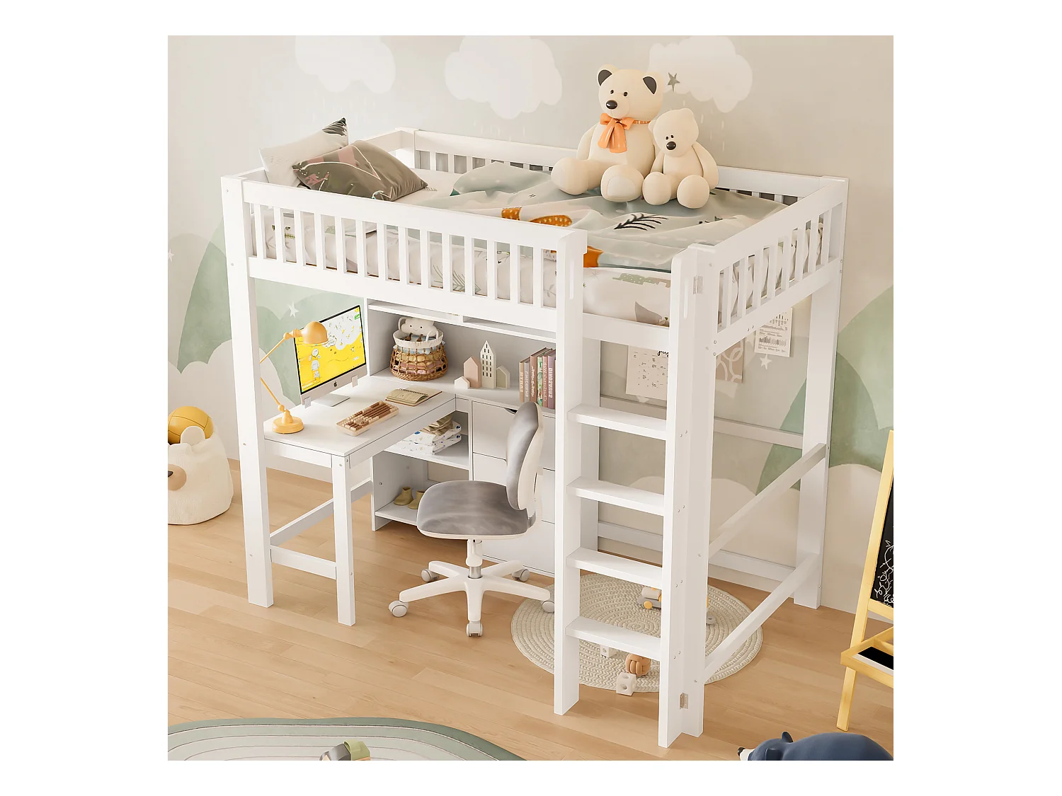 Lit mezzanine pour enfant - 90 x 200 cm - avec étagère de rangements + bureau + 3 tiroirs - bois - blanc