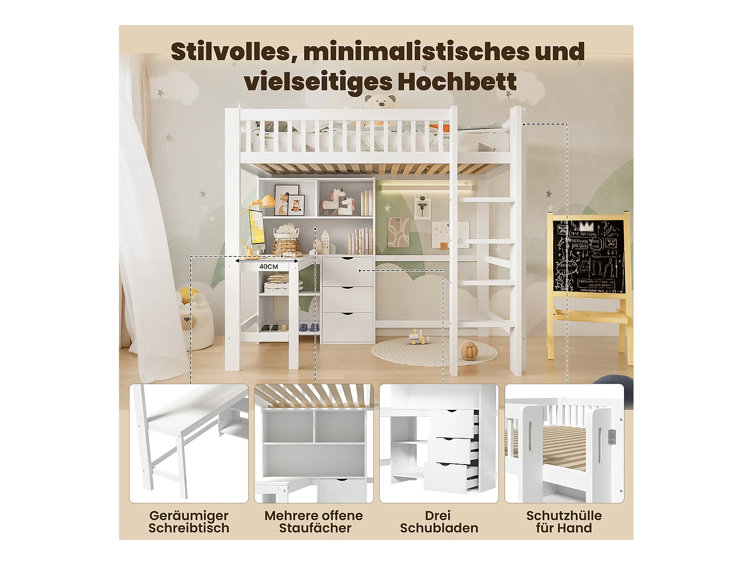 Lit mezzanine pour enfant - 90 x 200 cm - avec étagère de rangements + bureau + 3 tiroirs - bois - blanc