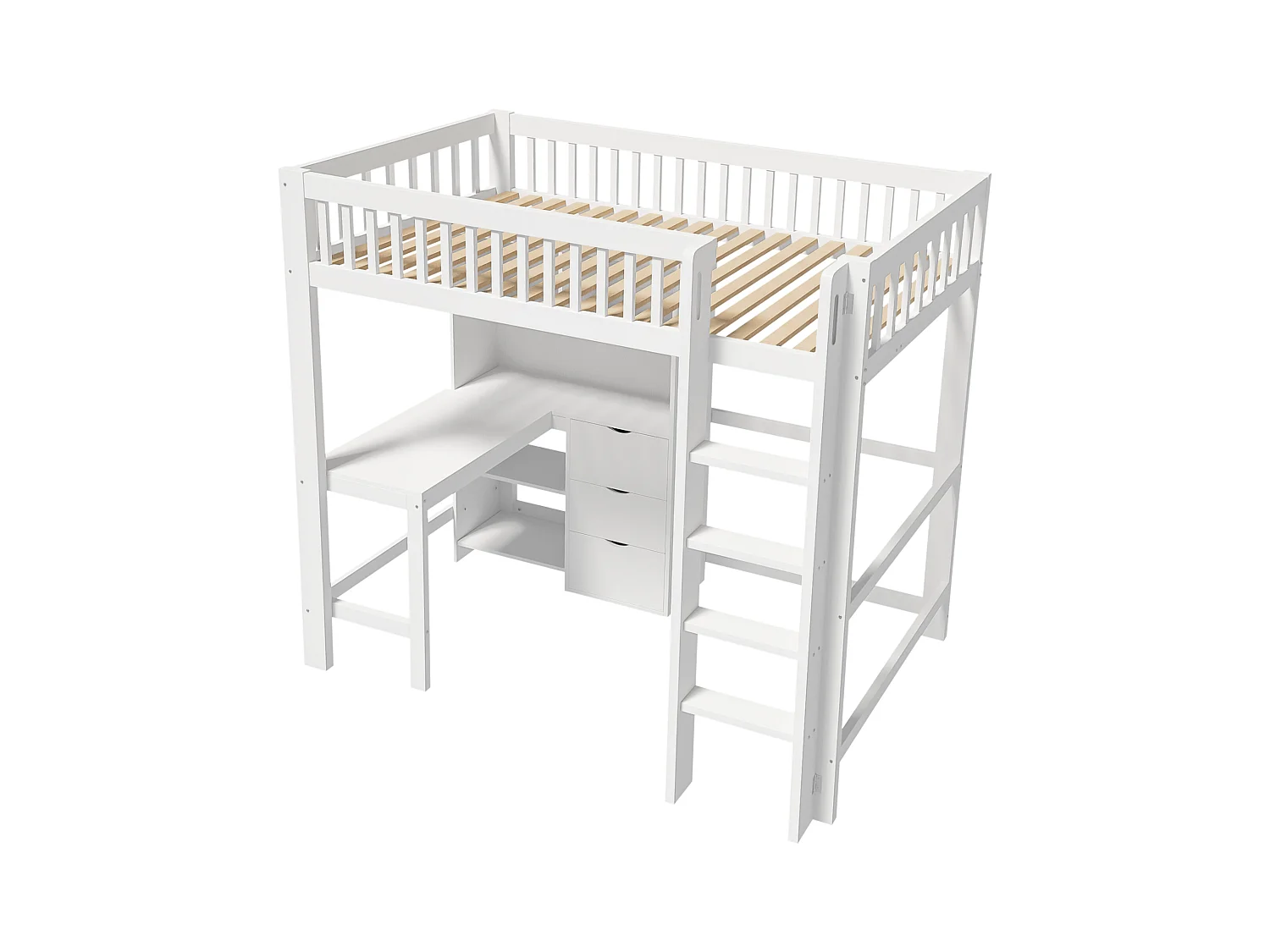 Lit mezzanine pour enfant - 90 x 200 cm - avec étagère de rangements + bureau + 3 tiroirs - bois - blanc