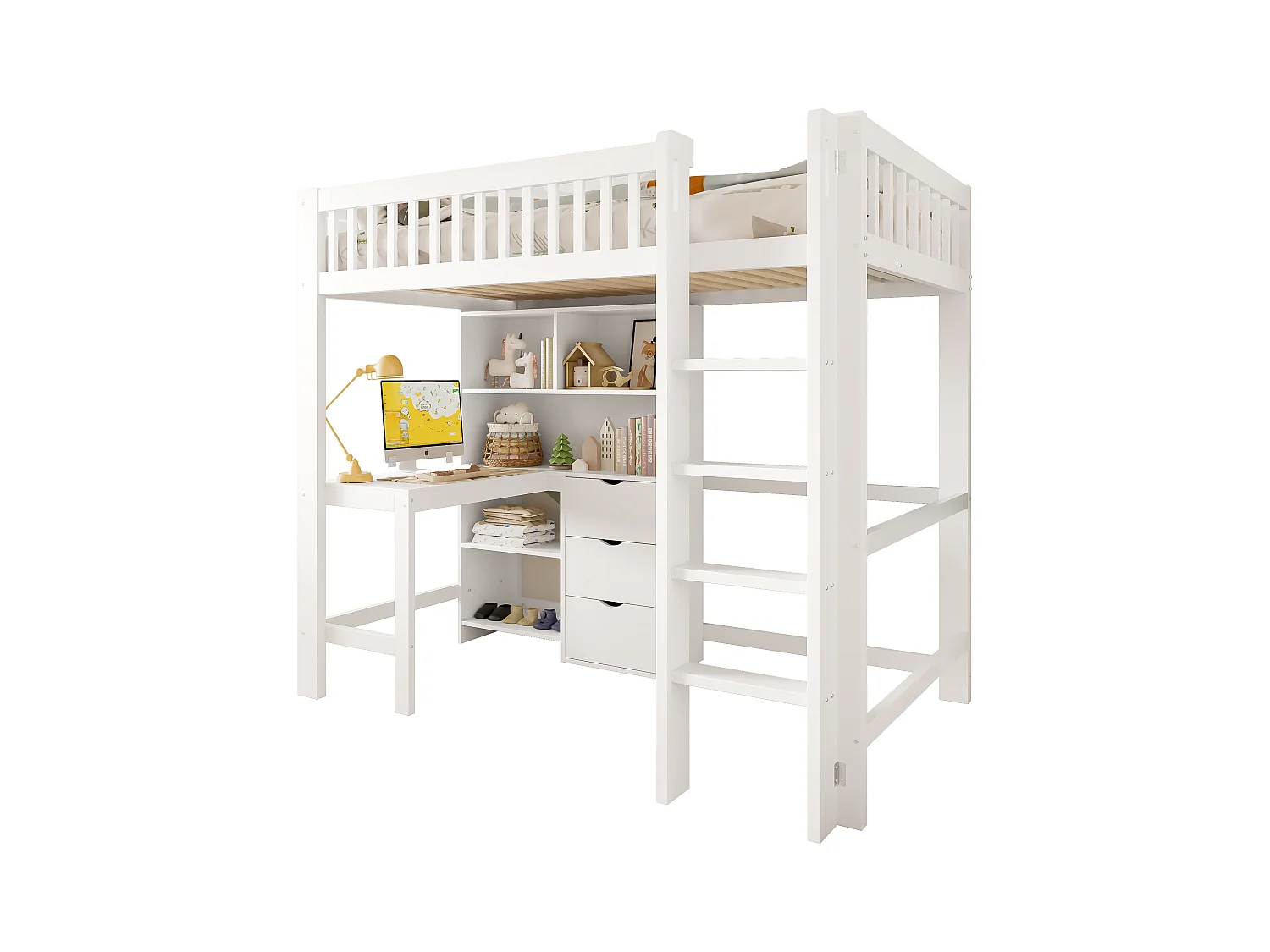 Lit mezzanine pour enfant - 90 x 200 cm - avec étagère de rangements + bureau + 3 tiroirs - bois - blanc
