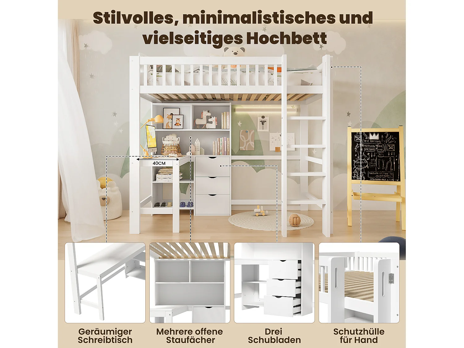 Lit mezzanine pour enfant - 90 x 200 cm - avec étagère de rangements + bureau + 3 tiroirs - bois - blanc