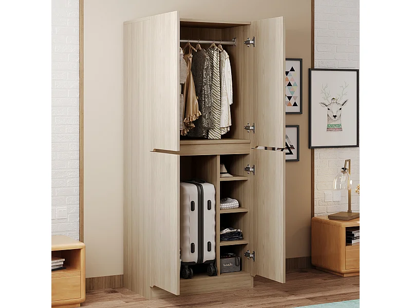 Armoire 70 x 40 x 170 cm - modèle à 2 portes avec compartiment de rangement - bois - naturel