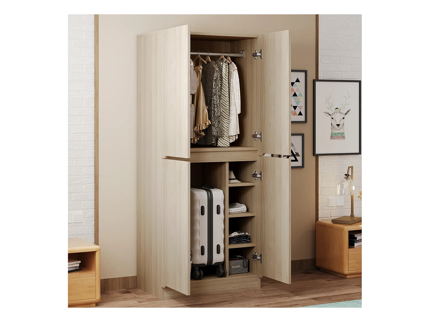 Armoire 70 x 40 x 170 cm - modèle à 2 portes avec compartiment de rangement - bois - naturel
