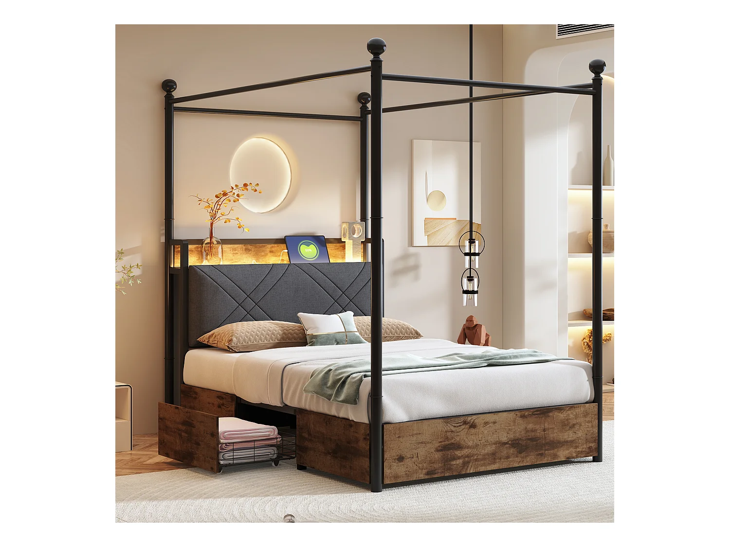 Lit en métal pour enfant - 90 x 190 cm - avec 2 tiroirs + baldaquin en fer forgé + Leds + USB/Type-C - métal - noir
