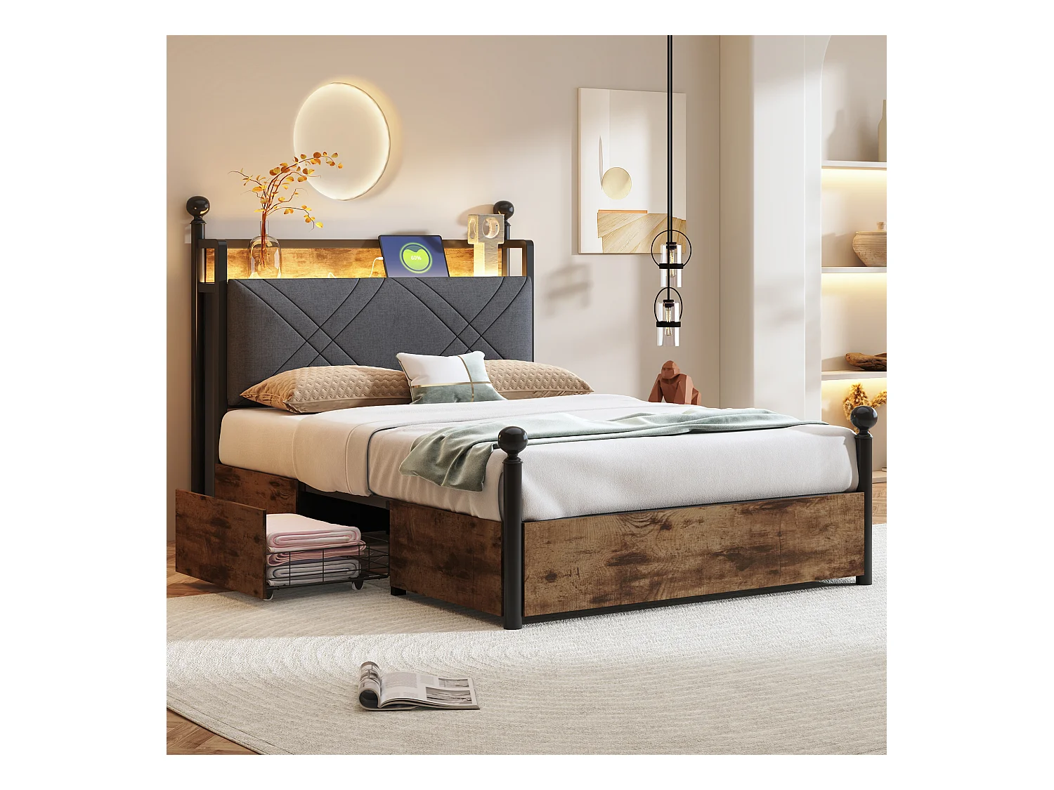 Lit en métal pour enfant - 90 x 190 cm - avec 2 tiroirs + baldaquin en fer forgé + Leds + USB/Type-C - métal - noir