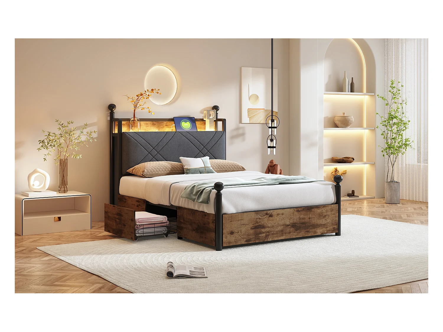 Lit en métal pour enfant - 90 x 190 cm - avec 2 tiroirs + baldaquin en fer forgé + Leds + USB/Type-C - métal - noir