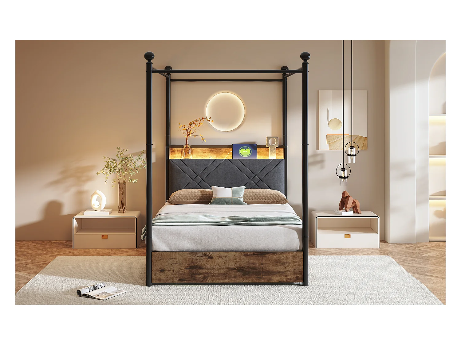 Lit en métal pour enfant - 90 x 190 cm - avec 2 tiroirs + baldaquin en fer forgé + Leds + USB/Type-C - métal - noir