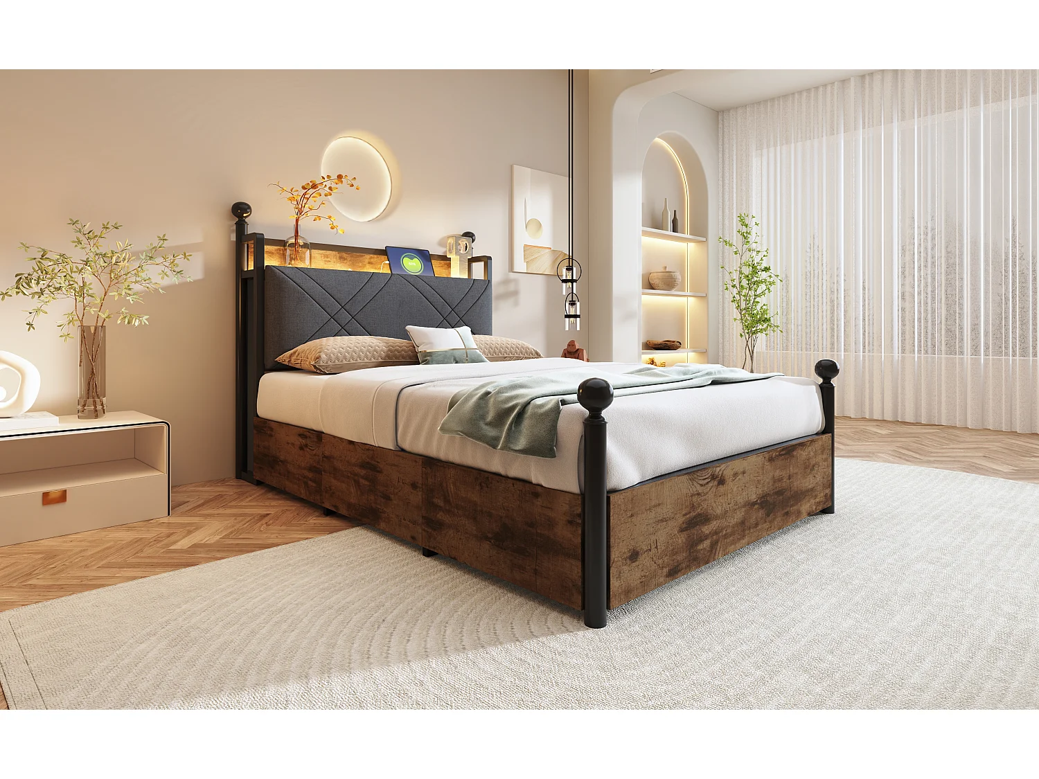 Lit en métal pour enfant - 90 x 190 cm - avec 2 tiroirs + baldaquin en fer forgé + Leds + USB/Type-C - métal - noir