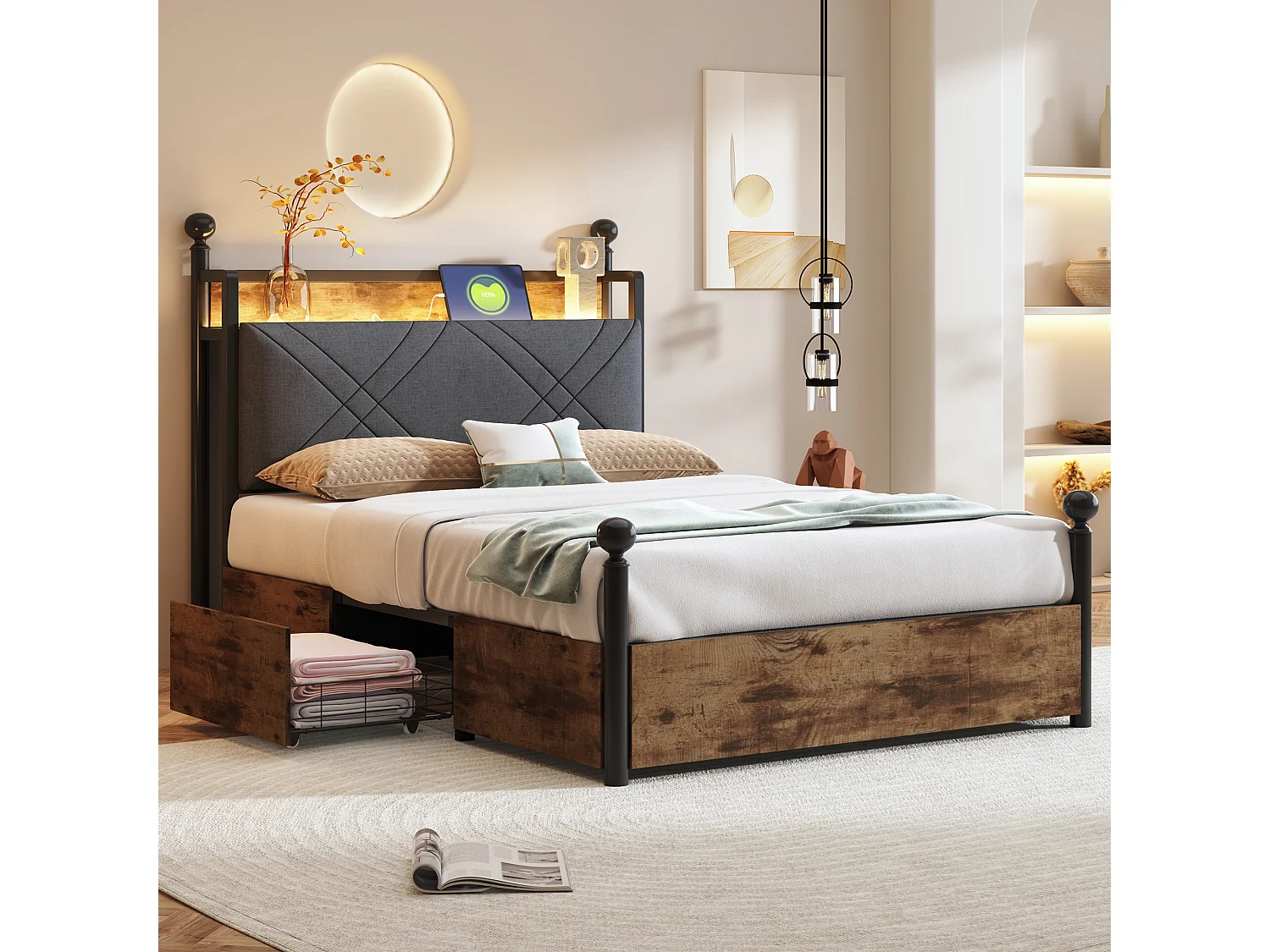 Lit en métal pour enfant - 90 x 190 cm - avec 2 tiroirs + baldaquin en fer forgé + Leds + USB/Type-C - métal - noir