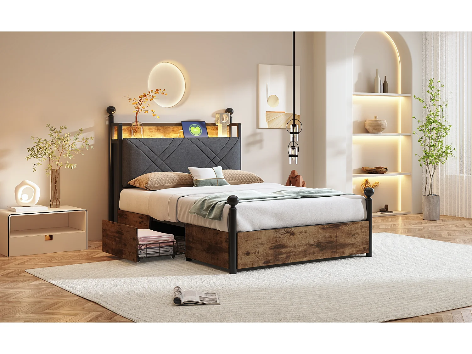 Lit en métal pour enfant - 90 x 190 cm - avec 2 tiroirs + baldaquin en fer forgé + Leds + USB/Type-C - métal - noir