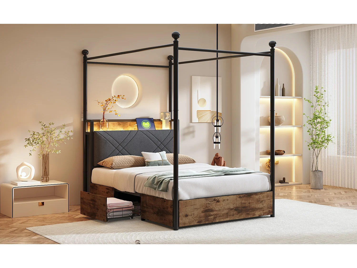 Lit en métal pour enfant - 90 x 190 cm - avec 2 tiroirs + baldaquin en fer forgé + Leds + USB/Type-C - métal - noir