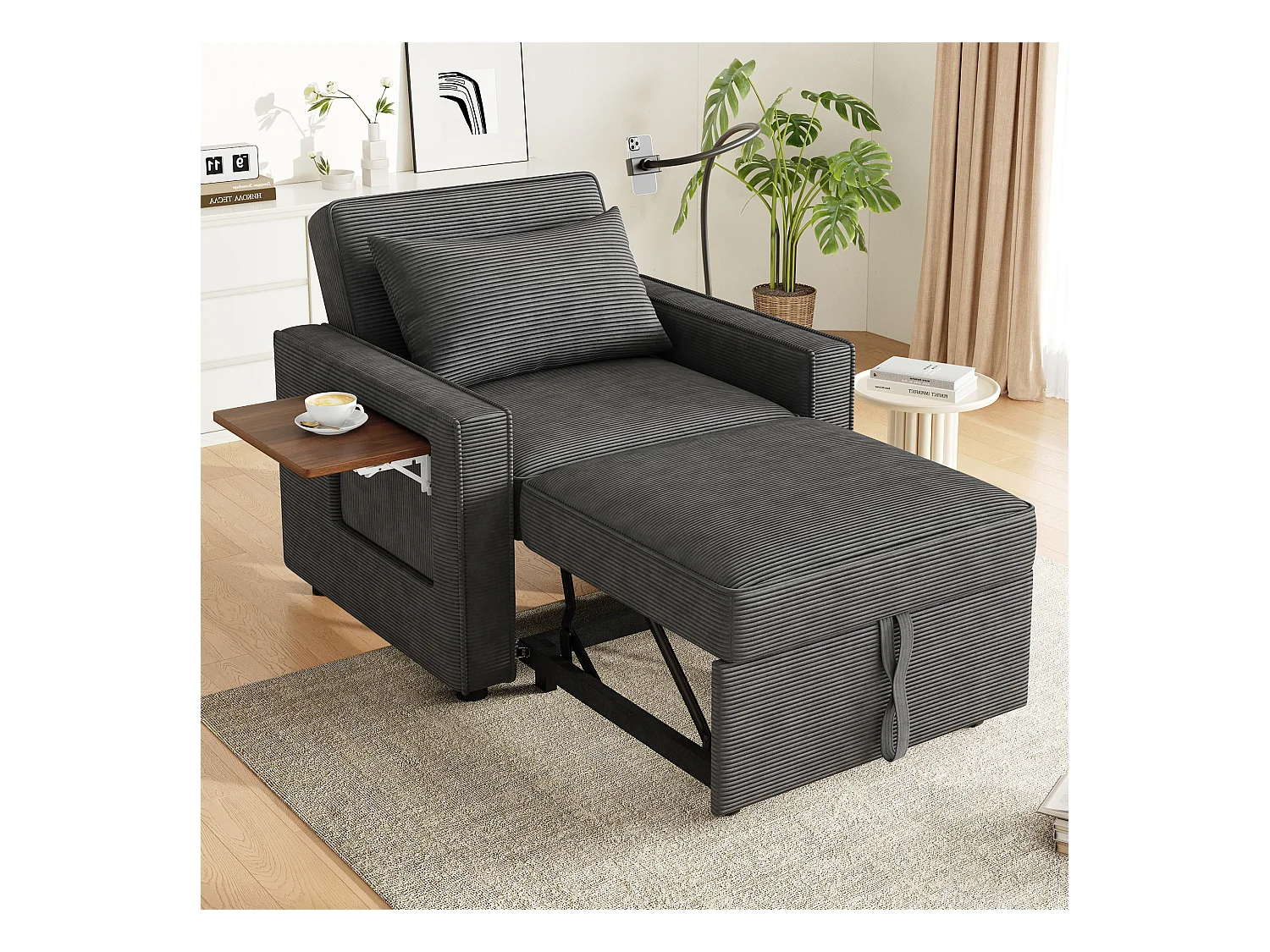 Canapé pliable avec port de chargement USB - canapé-lit 1 place convertible - 150 x 93 x 85 cm - velours - gris