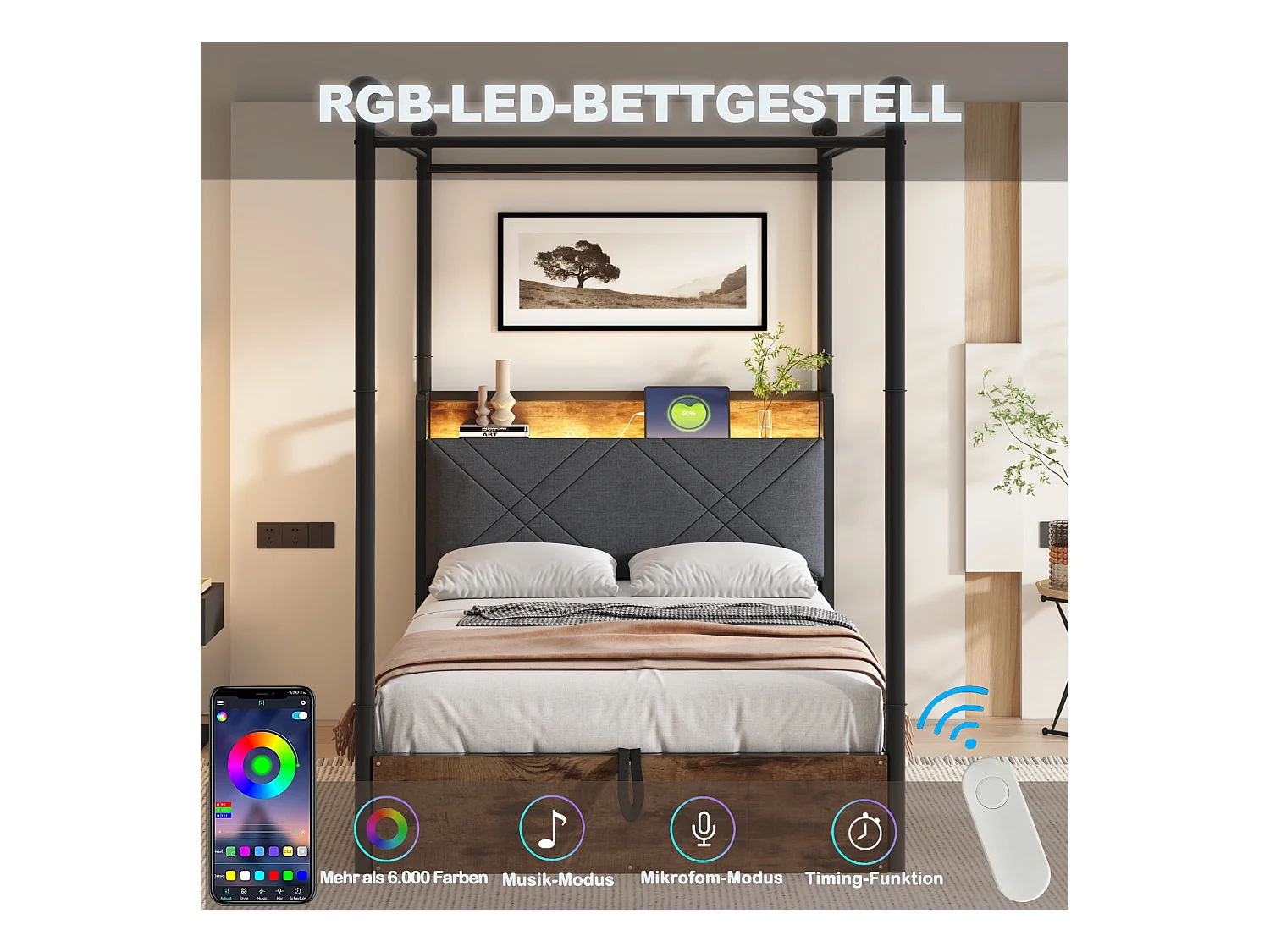 Lit coffre simple en fer - 90 x 190 cm - avec rangement hydrauliquement + Leds + USB/Type-C - noir