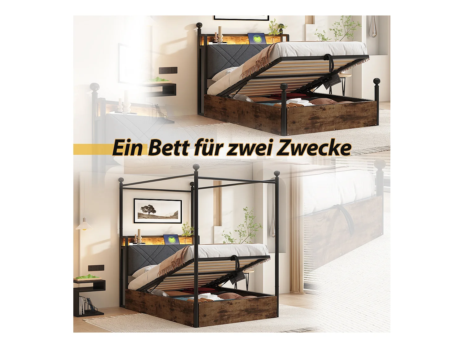 Lit coffre simple en fer - 90 x 190 cm - avec rangement hydrauliquement + Leds + USB/Type-C - noir