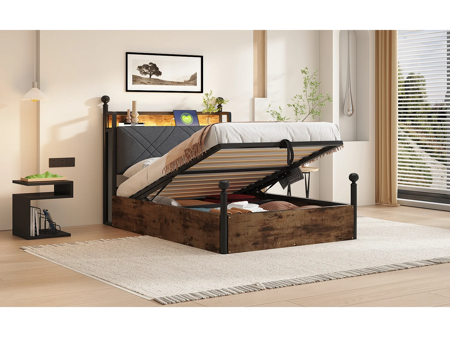 Lit coffre simple en fer - 90 x 190 cm - avec rangement hydrauliquement + Leds + USB/Type-C - noir