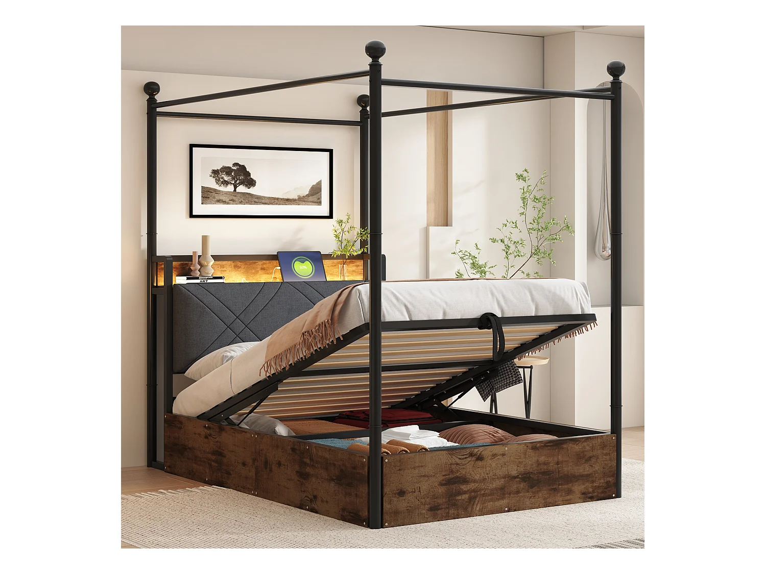 Lit coffre simple en fer - 90 x 190 cm - avec rangement hydrauliquement + Leds + USB/Type-C - noir