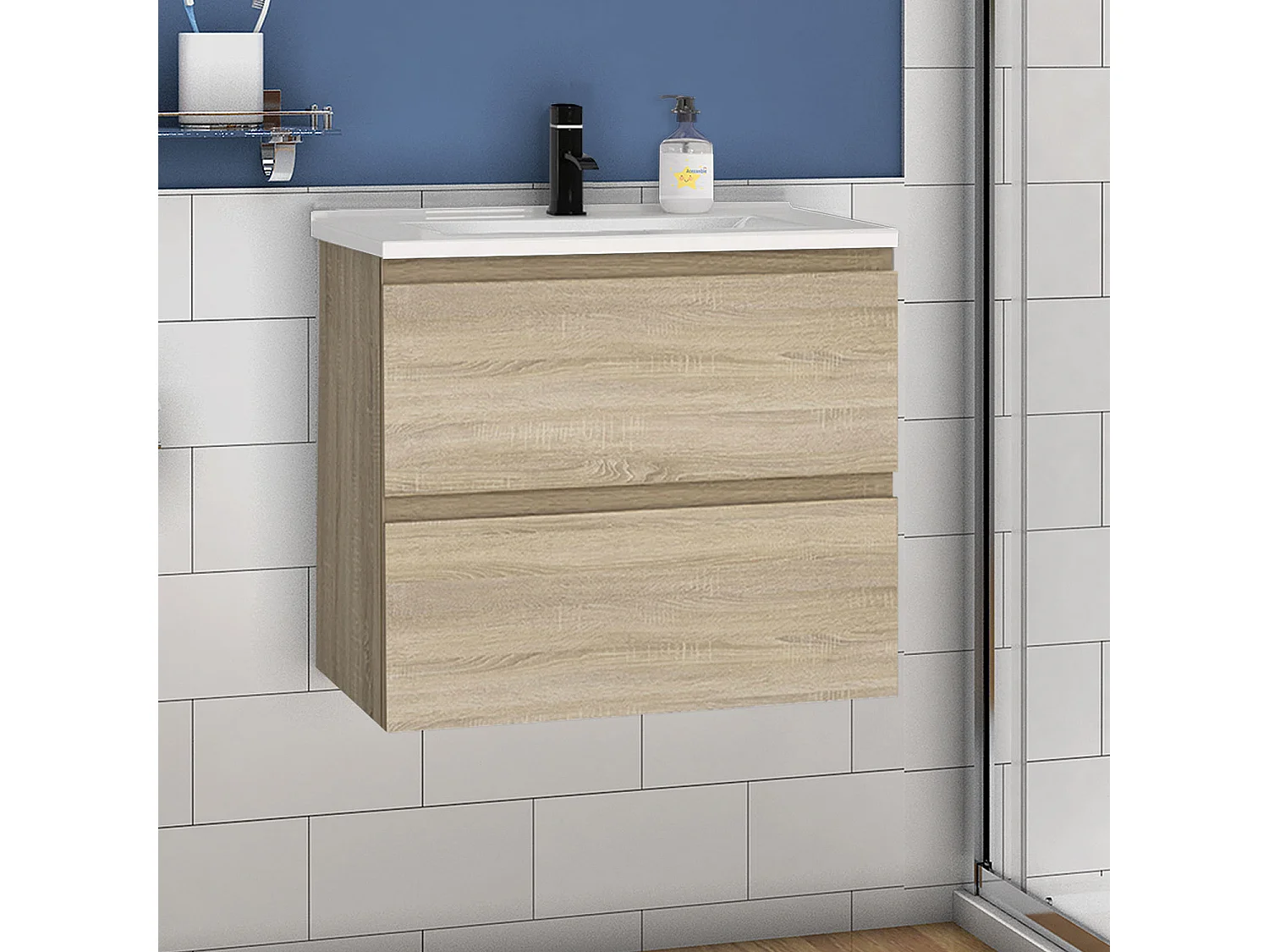 Mueble de baño flotante con lavabo, 50 x 38.5 x 52 cm,Color Roble,Con 2 Cajones, Muebles de Alta Calidad, AICA