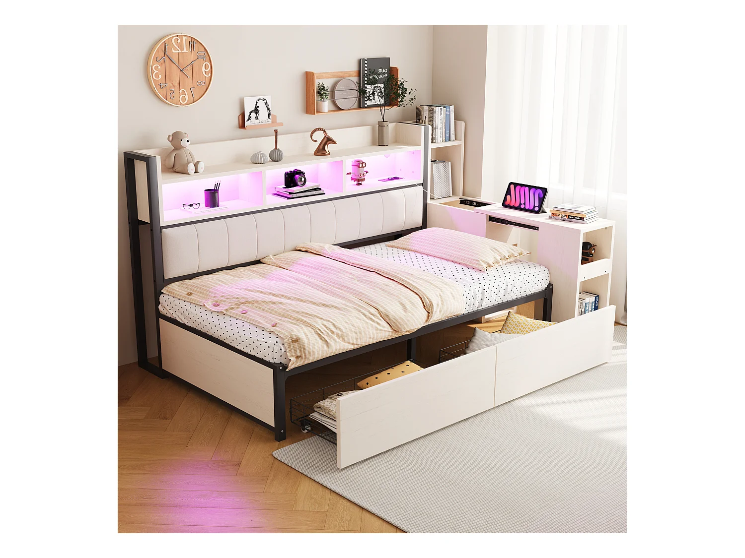 Canapé-lit en fer 90 x 200 cm - avec étagère de rangement + prise + Leds + 2 tiroirs + bureau coulissant - bois + métal - blanc