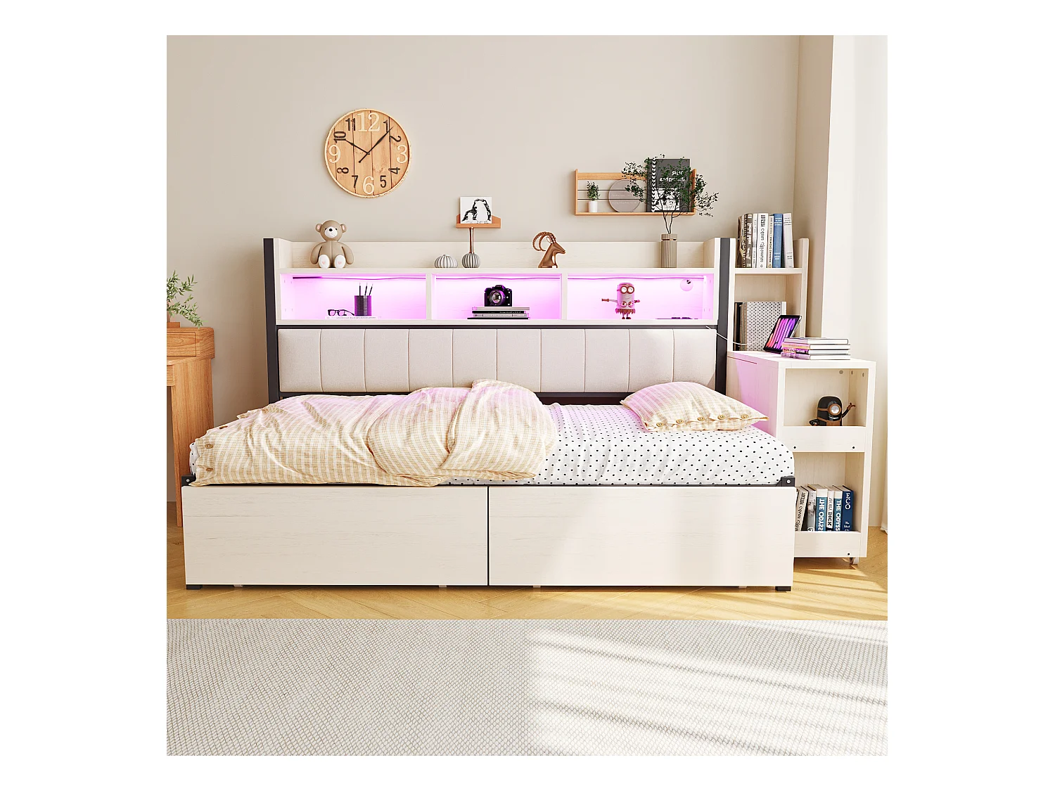 Canapé-lit en fer 90 x 200 cm - avec étagère de rangement + prise + Leds + 2 tiroirs + bureau coulissant - bois + métal - blanc