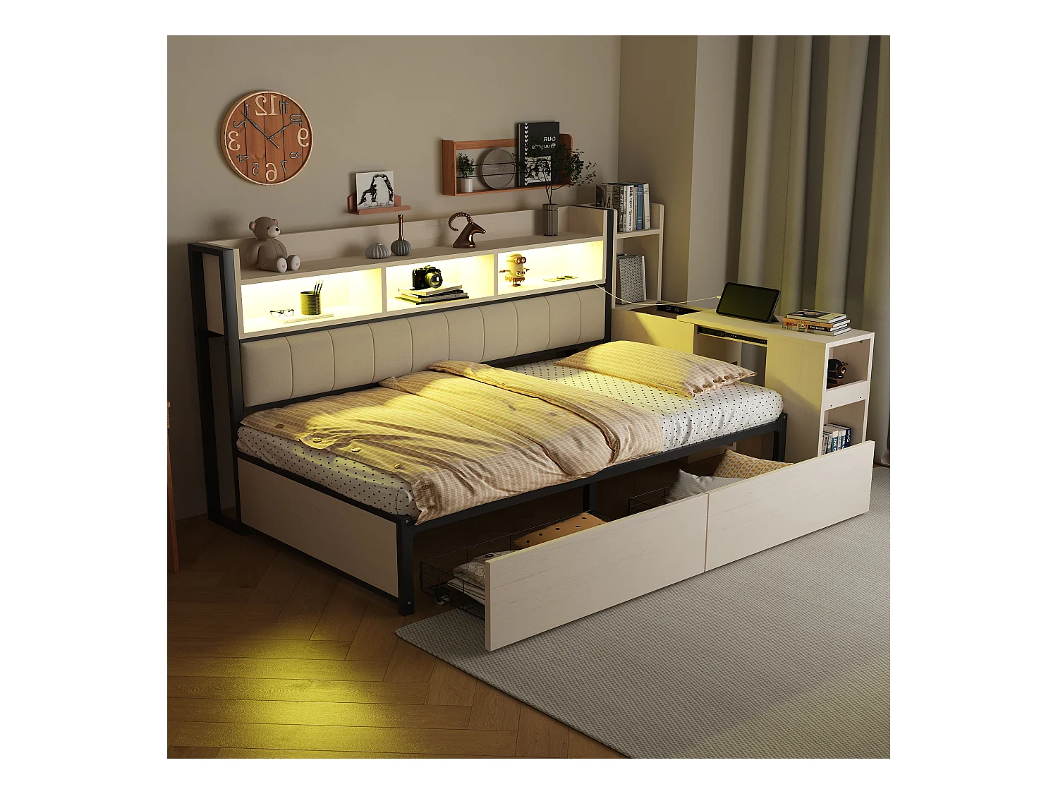 Canapé-lit en fer 90 x 200 cm - avec étagère de rangement + prise + Leds + 2 tiroirs + bureau coulissant - bois + métal - blanc