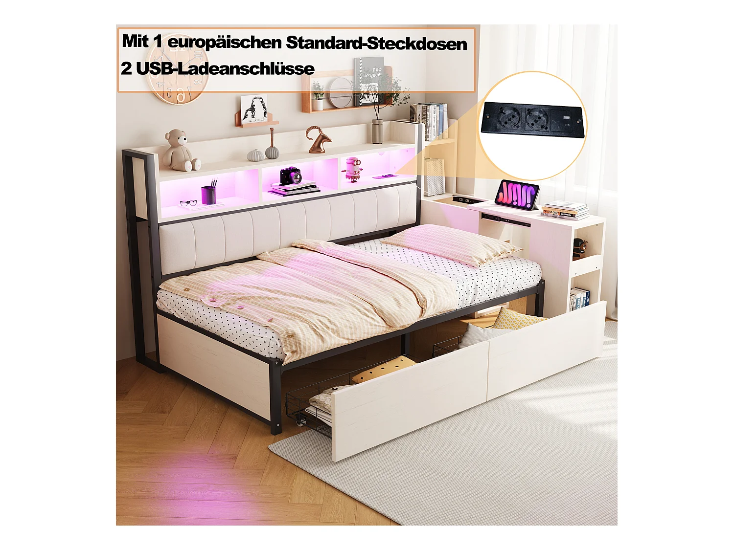 Canapé-lit en fer 90 x 200 cm - avec étagère de rangement + prise + Leds + 2 tiroirs + bureau coulissant - bois + métal - blanc